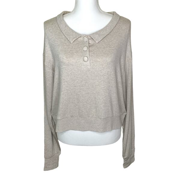 Lesjour! Heathered Oatmeal The Henley Ecovera Button Collar Long Sleeve Polo Top - Picture 4 of 11